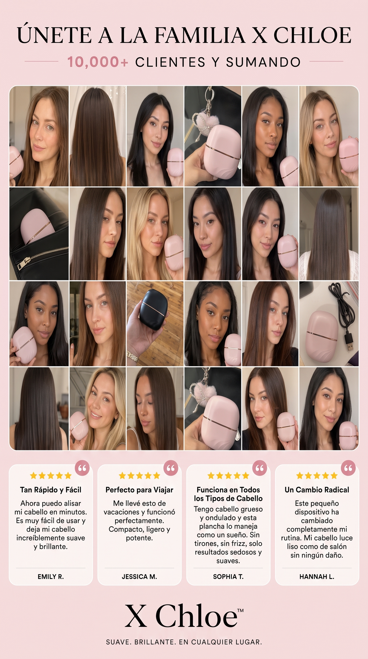 Mujeres con el cabello liso usando el peine alisador inalámbrico X Chloe